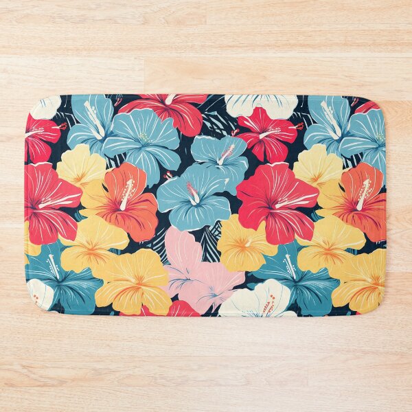Item preview, Flower Pattern 22, colorful painted hibiscus blossoms on a dark background, brightly lit at night, blue, red, yellow, white, pink, black, flora and nature. designed and sold by FoxRobinRabbit.