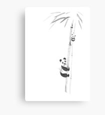 Cute pandas climbing bamboo trees sumi-e painting design black on white background art print Canvas Print