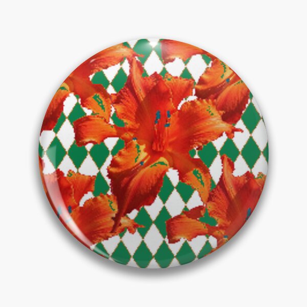Item preview, RED DAY LILIES GREEN ABSTRACT DIAMOND PATTERN ART designed and sold by sharlesart.