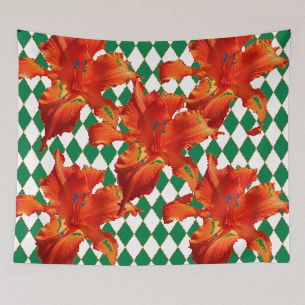 Item preview, RED DAY LILIES GREEN ABSTRACT DIAMOND PATTERN ART designed and sold by sharlesart.
