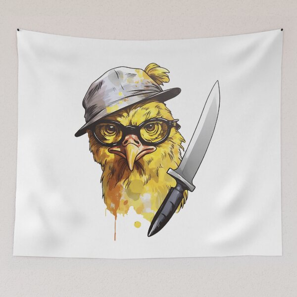 Item preview, Comic chicken chick with a knife. Meme chicken designed and sold by Anastasiia Yurevych.