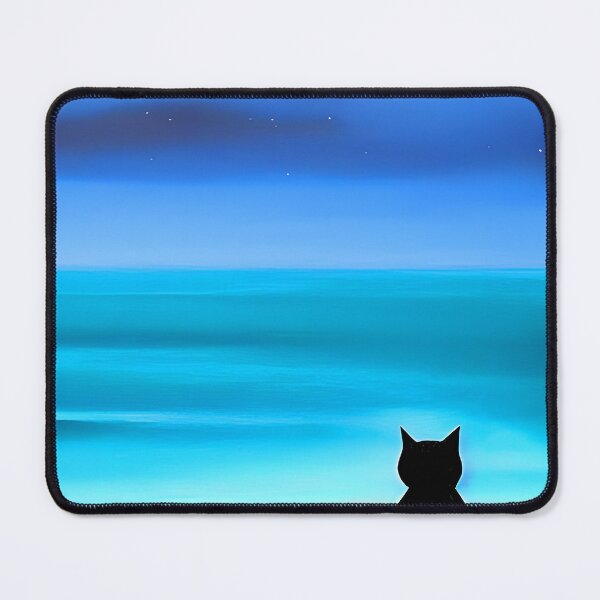 Item preview, Black Cat Watching a Turquoise Ocean at Night AI Art designed and sold by Beachy.