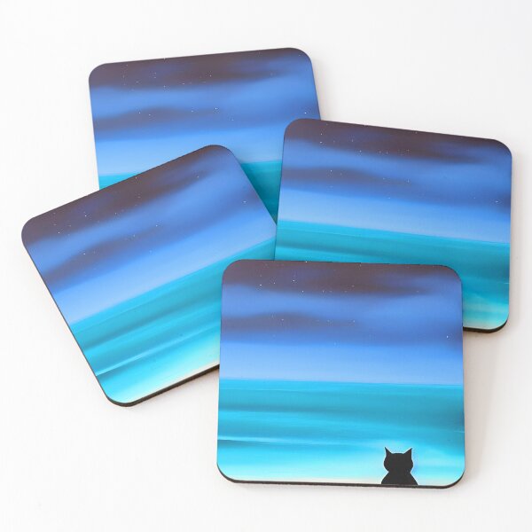 Item preview, Black Cat Watching a Turquoise Ocean at Night AI Art designed and sold by Beachy.