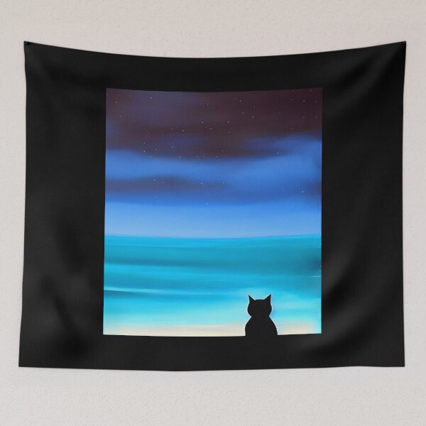 Item preview, Black Cat Watching a Turquoise Ocean at Night AI Art designed and sold by Beachy.
