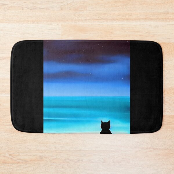 Item preview, Black Cat Watching a Turquoise Ocean at Night AI Art designed and sold by Beachy.