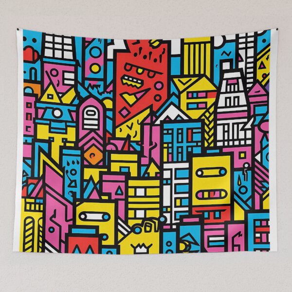 Item preview, Artistic bright colors black lines abstract geometric city designed and sold by UnaWu533.