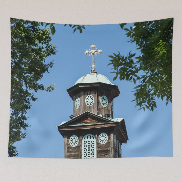 Item preview, Graceful Wooden Bell Tower Framed by Trees - Sveta Marina Church Plovdiv Bulgaria designed and sold by Georgia Mizuleva.