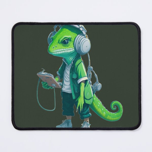 Item preview, green lizard listening to music designed and sold by Gisely Bispo.