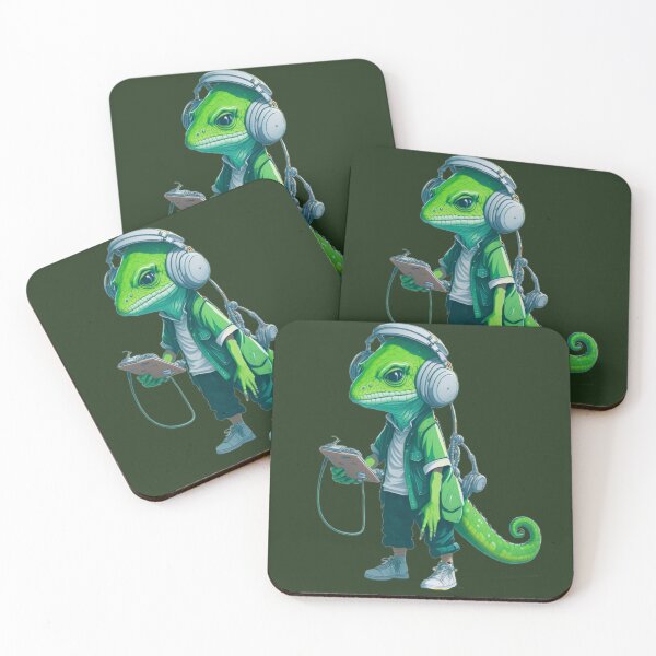Item preview, green lizard listening to music designed and sold by Gisely Bispo.