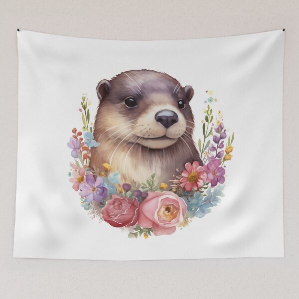 Item preview, Portrait of a smiling realistic otter in watercolour colours. Portrait of a cute otter with a wreath designed and sold by Anastasiia Yurevych.