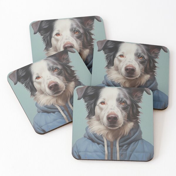 Item preview, Animals Wearing Clothes 5, Emmett works at the local gas station, reliable face, feels like home, kind soul, remembers newspapers. Border collie dog in a blue hoodie. designed and sold by FoxRobinRabbit.