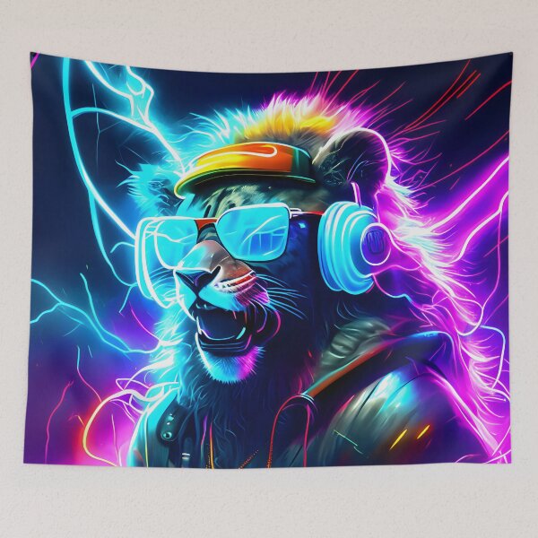 Item preview, neon lion | Cyberpunk style lion | Cyberpunk lion motif | gift idea | AI art designed and sold by RPDesigns91.