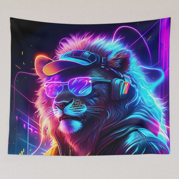 Item preview, neon lion | Cyberpunk style lion | Cyberpunk lion motif | gift idea | AI art designed and sold by RPDesigns91.