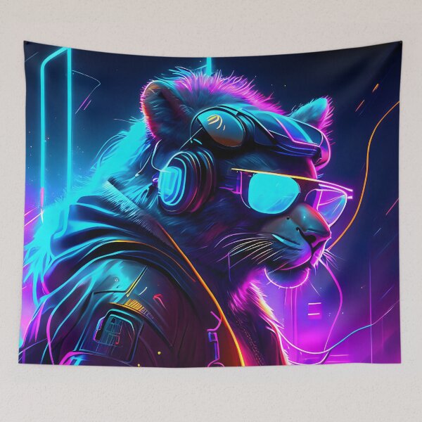 Item preview, neon lion | Cyberpunk style lion | Cyberpunk lion motif | gift idea | AI art designed and sold by RPDesigns91.