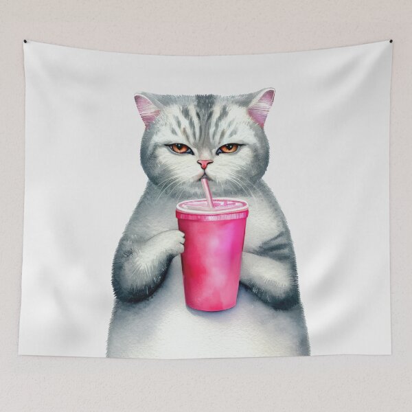 Item preview, Chubby American Shorthair Cat Drinking Pink Soda  designed and sold by pocketart2023.