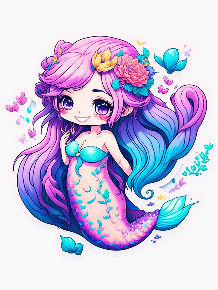 Purple Blue Floral Mermaid Art Print, Whimsical Underwater Decor