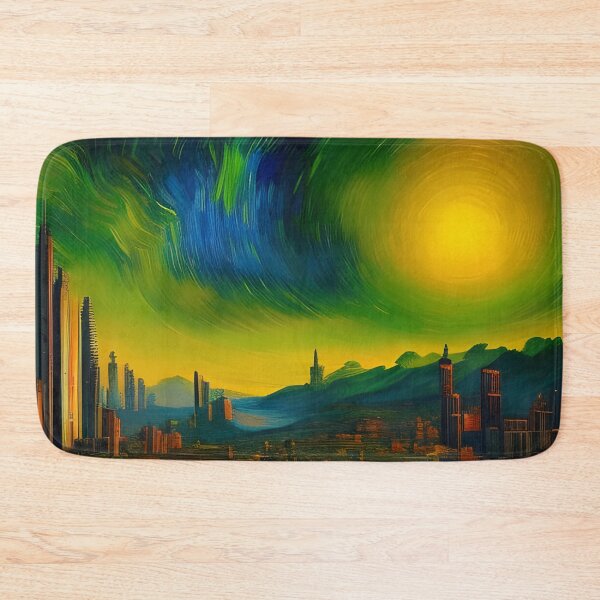 Item preview, Dramatic Yellow and Green Sun over City, impasto, Ai Generated Art  designed and sold by ACC .