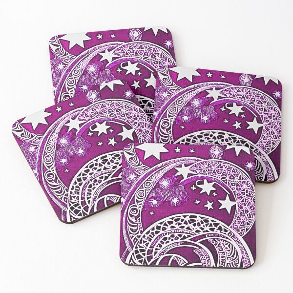 Item preview, Pink and white starry night scene linograph folk art designed and sold by Earth Nature Creations.