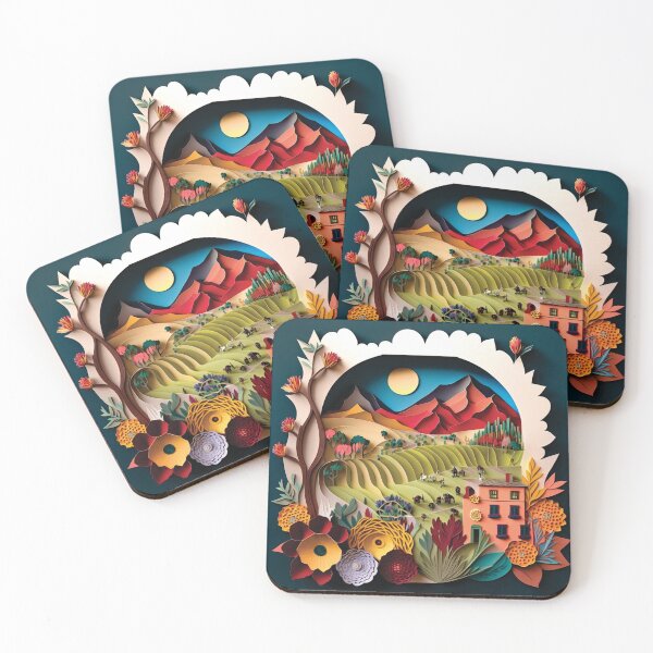 Item preview, orange house with beautiful countryside landscape, paper cut style designed and sold by artpapercuts.