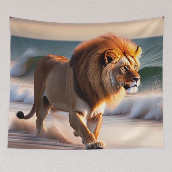 Item preview, The lion is Running at the beach, embracing the ocean designed and sold by Magical-bear.