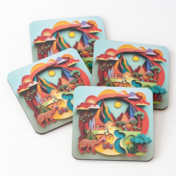 Item preview, landscape with beautiful mountains, river and a city, paper cut style designed and sold by artpapercuts.