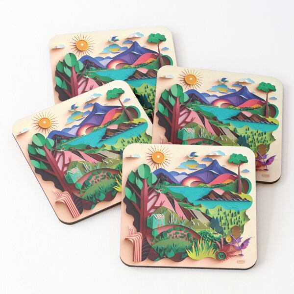 Item preview, beautiful landscape with mountains, lake and forest, paper cut style. designed and sold by artpapercuts.