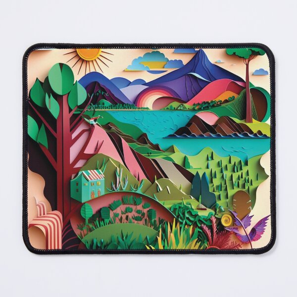 Item preview, beautiful landscape with mountains, lake and forest, paper cut style. designed and sold by artpapercuts.
