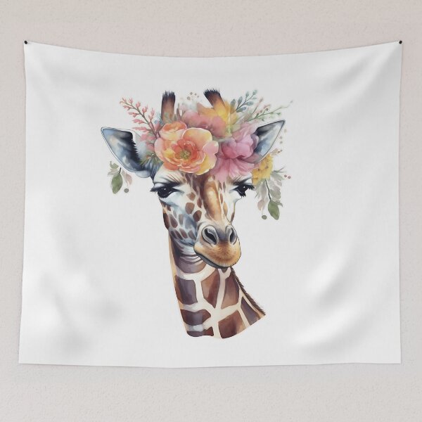 Item preview, Portrait of a smiling realistic  giraffe in watercolour colours. Portrait of a cute r giraffe with a wreath designed and sold by Anastasiia Yurevych.