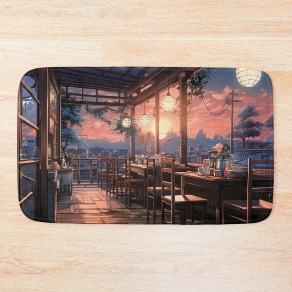 Item preview, Enchanting 80s Anime Japanese Restaurant - Sunset with Blue and Pink Colors designed and sold by Thomas TYS.