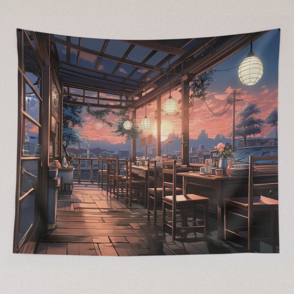 Item preview, Enchanting 80s Anime Japanese Restaurant - Sunset with Blue and Pink Colors designed and sold by Thomas TYS.