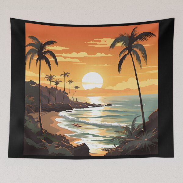 Aperçu de l'œuvre Serene Sunset Palms - Conception apaisante de paysage de plage créée et vendue par UrsaStick.