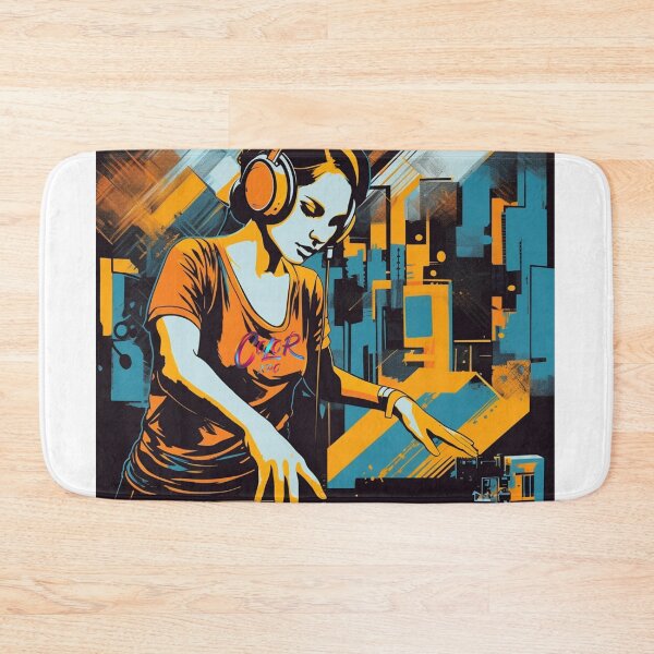 Item preview, Female DJ with headphones mixing and scratching records on turntables designed and sold by ColorXpo.