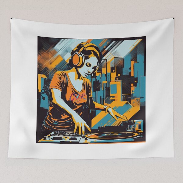 Item preview, Female DJ with headphones mixing and scratching records on turntables designed and sold by ColorXpo.