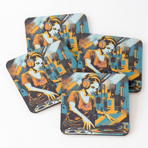 Item preview, Female DJ with headphones mixing and scratching records on turntables designed and sold by ColorXpo.