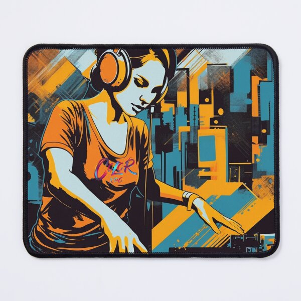 Item preview, Female DJ with headphones mixing and scratching records on turntables designed and sold by ColorXpo.
