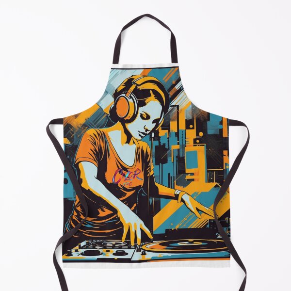 Item preview, Female DJ with headphones mixing and scratching records on turntables designed and sold by ColorXpo.