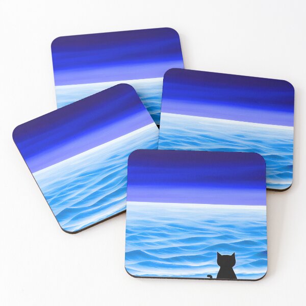 Item preview, Black Cat on the Beach Watching a Blue Ocean and Vivid Dark Blue Sky AI Art designed and sold by Beachy.