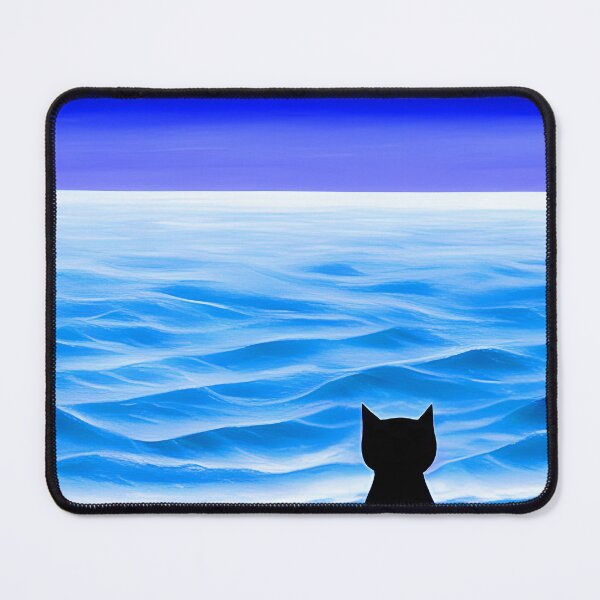 Item preview, Black Cat on the Beach Watching a Blue Ocean and Vivid Dark Blue Sky AI Art designed and sold by Beachy.