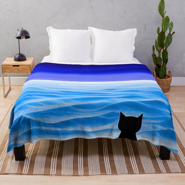 Item preview, Black Cat on the Beach Watching a Blue Ocean and Vivid Dark Blue Sky AI Art designed and sold by Beachy.