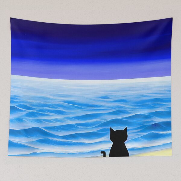 Item preview, Black Cat on the Beach Watching a Blue Ocean and Vivid Dark Blue Sky AI Art designed and sold by Beachy.