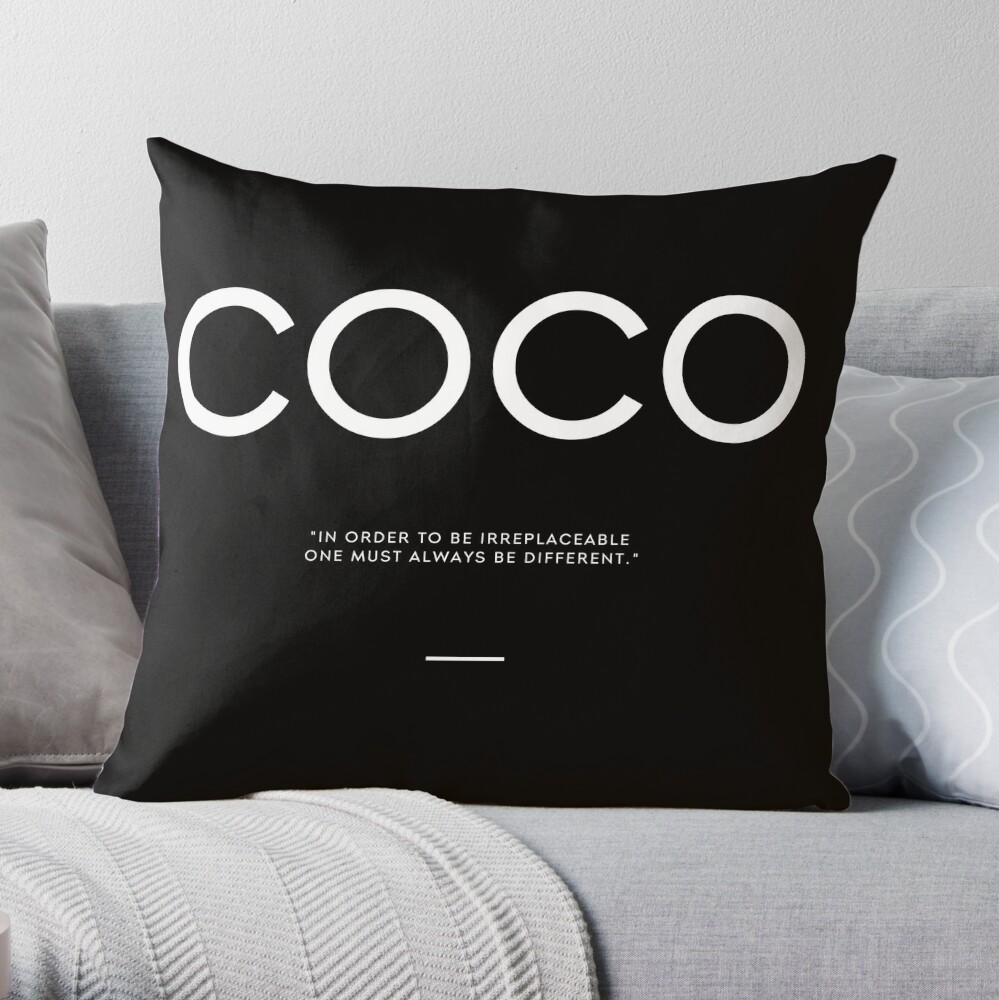 coco chanel irreplaceable quote blk Throw Pillow for Sale by