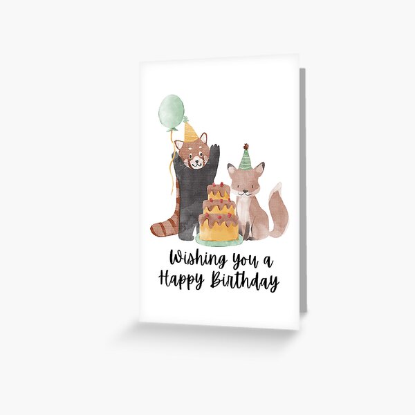 Vista previa del artículo con la obra «Te deseo un feliz cumpleaños Panda rojo y zorro celebrando», diseñado y vendido por EverAfterStudio.