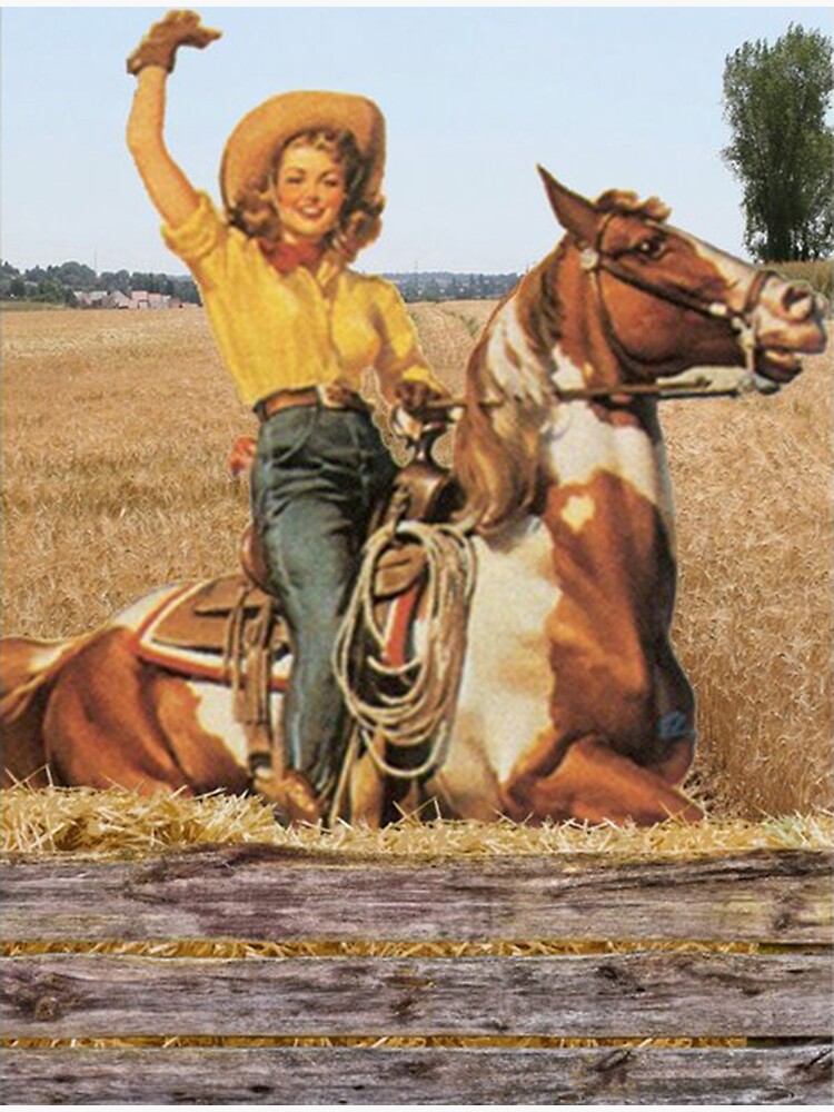 Vintage Western Cowgirl On Horse In Hay Field