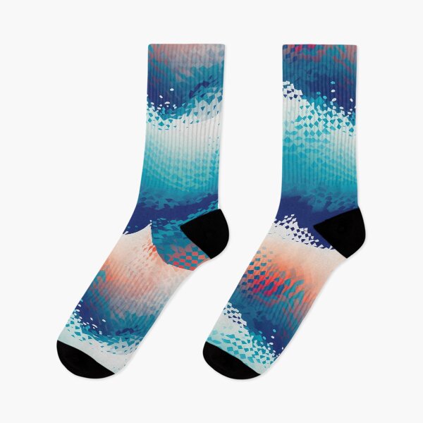 Item preview, Mountain Wave Frequency Pattern 6, snowy arctic stylized halftone waves like shattered glass, in the morning, fragmented, snow, blue, white, orange, abstract landscape beauty. designed and sold by FoxRobinRabbit.