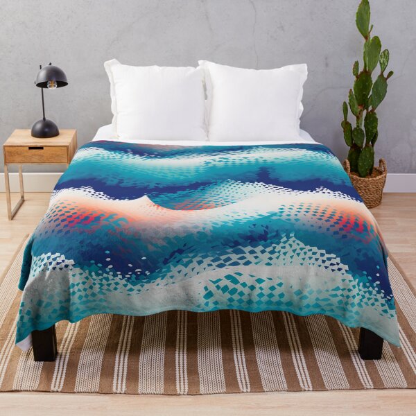 Item preview, Mountain Wave Frequency Pattern 6, snowy arctic stylized halftone waves like shattered glass, in the morning, fragmented, snow, blue, white, orange, abstract landscape beauty. designed and sold by FoxRobinRabbit.