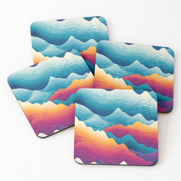 Item preview, Mountain Wave Frequency Pattern 7, arctic stylized illustrated waves, in early the morning, fragmented, warm sunrise, snow, blue, orange, white, abstract landscape beauty. designed and sold by FoxRobinRabbit.