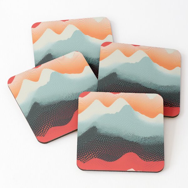 Item preview, Mountain Wave Frequency Pattern 8, snowy gradient illustrated mountain print, early morning, warm sunrise, red, orange, blue gray, black, white, abstract landscape beauty. designed and sold by FoxRobinRabbit.