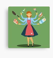 Successful Housewife. Multitasking Woman. Perfect Wife. Young Mother. Canvas Print