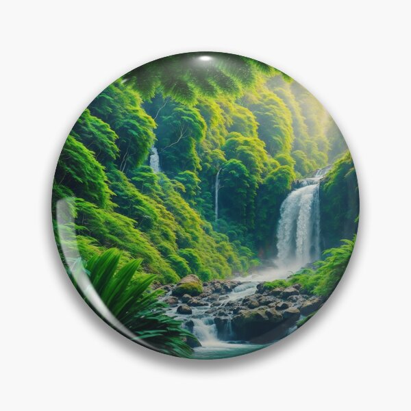 Artikelvorschau, Ein faszinierendes Sommerpanorama mit einem kaskadierenden Wasserfall im Herzen eines üppigen tropischen Dschungels, KI-generierte Kunst entworfen und verkauft von AiGens.