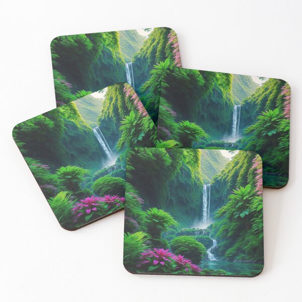 Item preview, A Breathtaking Summer Vista Showcasing A Cascading Waterfall Nestled Within A Verdant Tropical Jungle, Ai Generated Art designed and sold by AiGens.